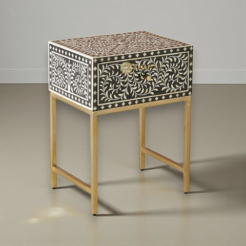 Bone Inlay Scroll-vine Design Nightstand Table Black| Bone Inlay Scroll-vine Design Bedside Table Black