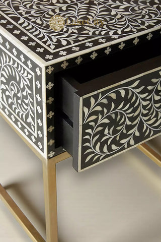 Bone Inlay Scroll-vine Design Nightstand Table Black| Bone Inlay Scroll-vine Design Bedside Table Black