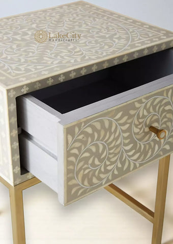 Bone Inlay Scroll-vine Design Nightstand Table Grey | Bone Inlay Scroll-vine Design Bedside Table Grey