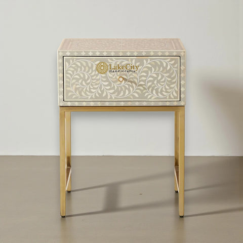 Bone Inlay Scroll-vine Design Nightstand Table Grey | Bone Inlay Scroll-vine Design Bedside Table Grey