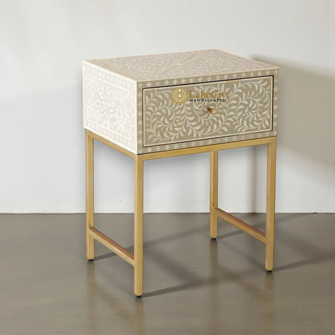 Bone Inlay Scroll-vine Design Nightstand Table Grey | Bone Inlay Scroll-vine Design Bedside Table Grey