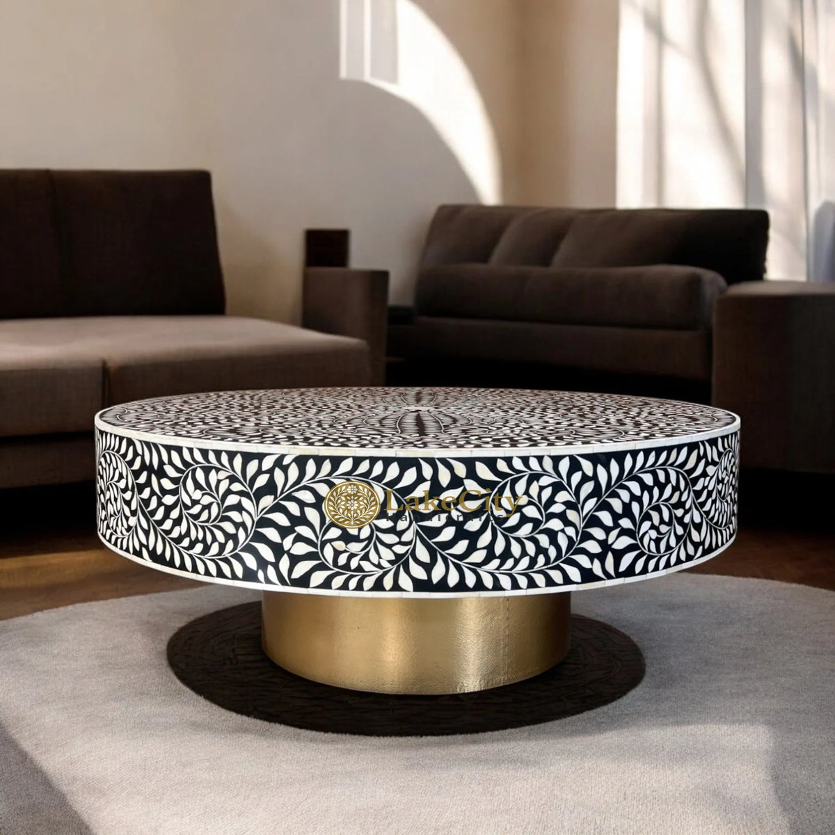 Bone Inlay Scroll-vine Design Round Coffee Table | Bone Inlay Scroll-vine Design Round Center Table