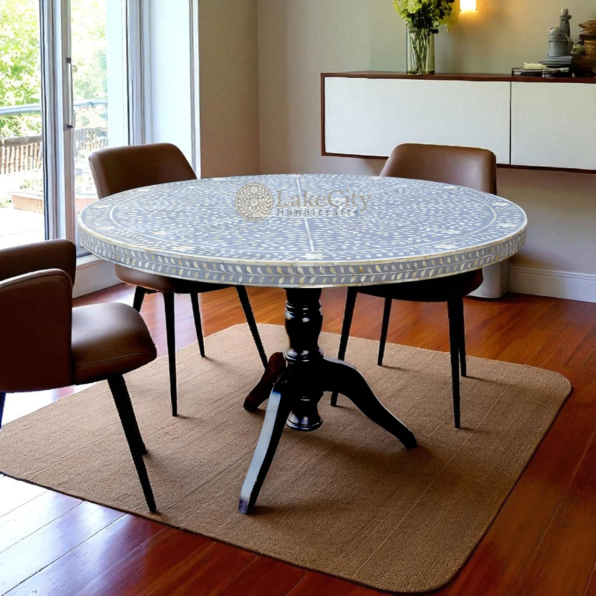 Bone Inlay Scroll-vine Design Round 4 Seating Dining Table