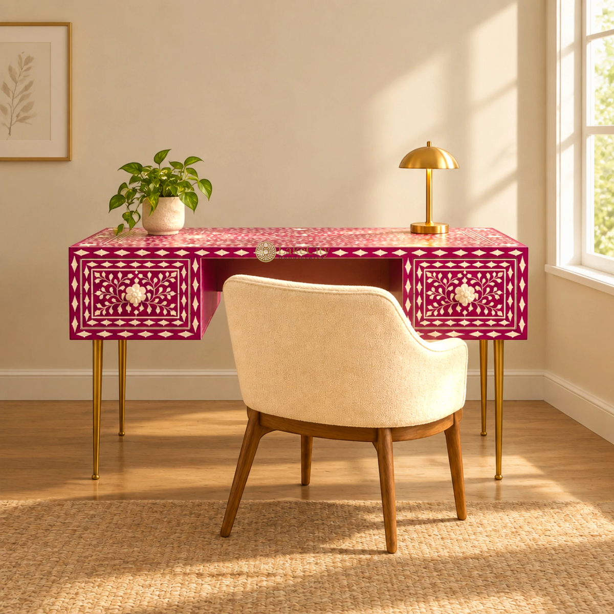 Bone Inlay Scroll-vine Design 2 Drawers Desk | Console Table With Multi Colors