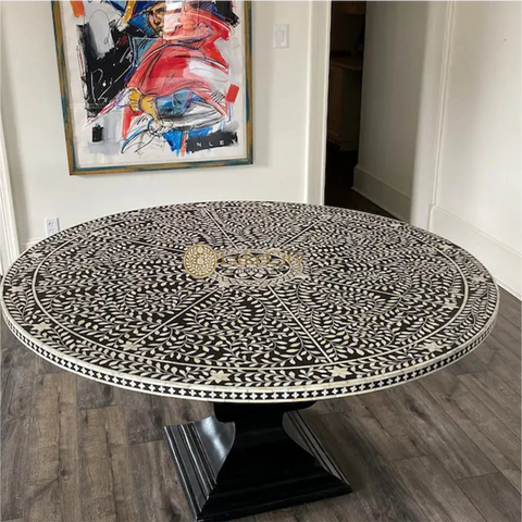 Bone Inlay Scroll-vine Design Round Dining Table