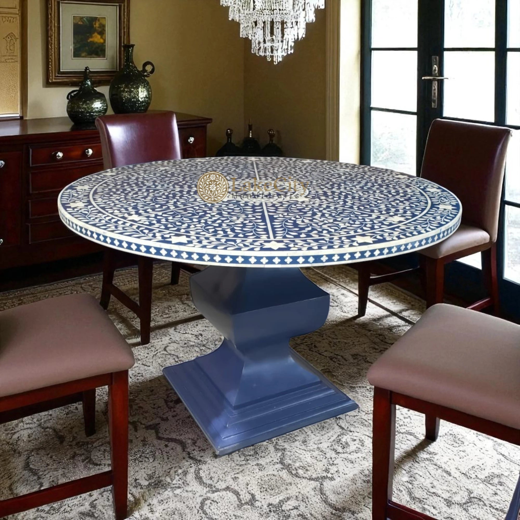 Bone Inlay Scroll-vine Design Round Dining Table