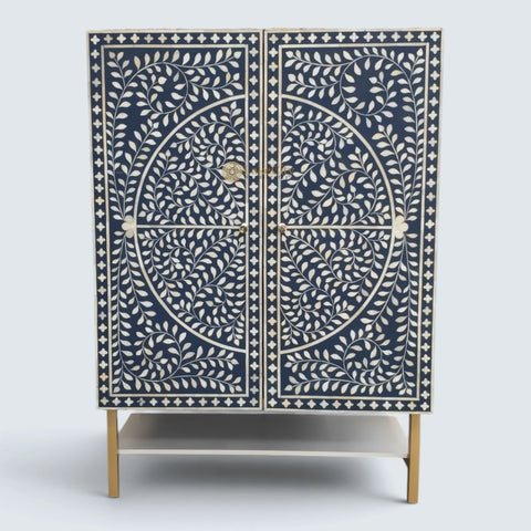 Bone Inlay Foliage Spiral Bar Cabinet Blue