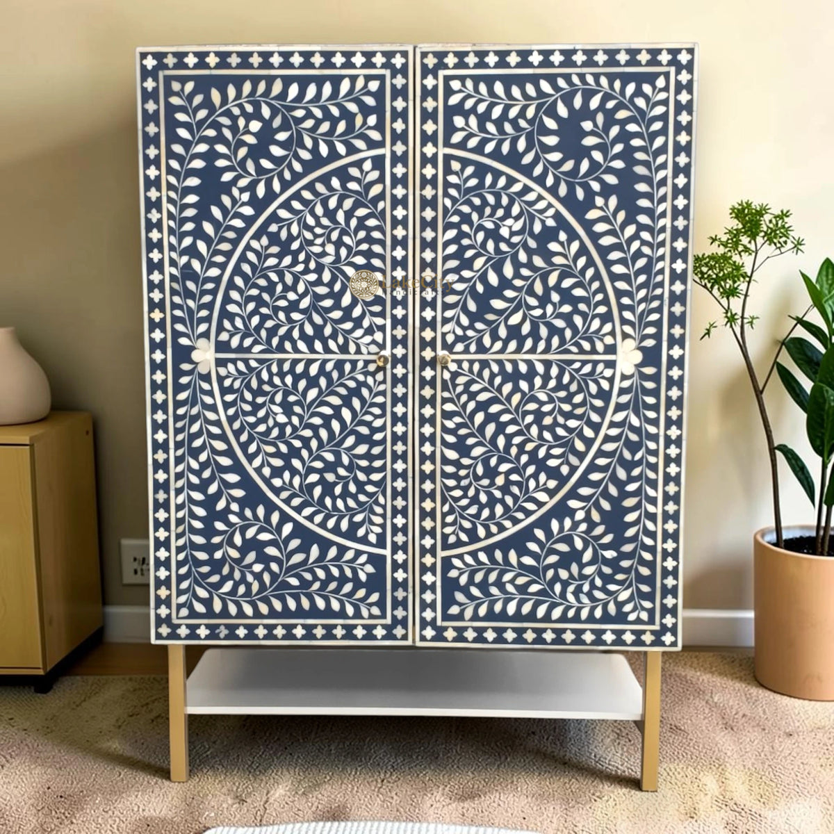 Bone Inlay Foliage Spiral Bar Cabinet Blue