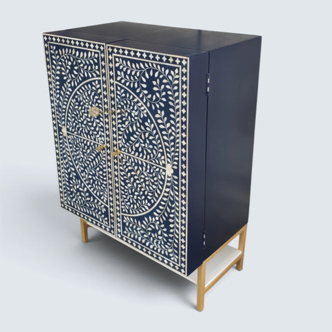 Bone Inlay Foliage Spiral Bar Cabinet Blue