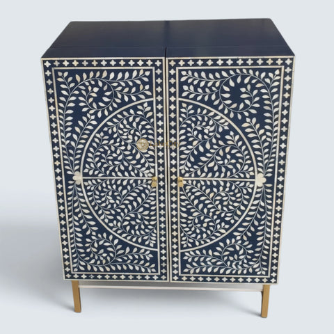 Bone Inlay Foliage Spiral Bar Cabinet Blue
