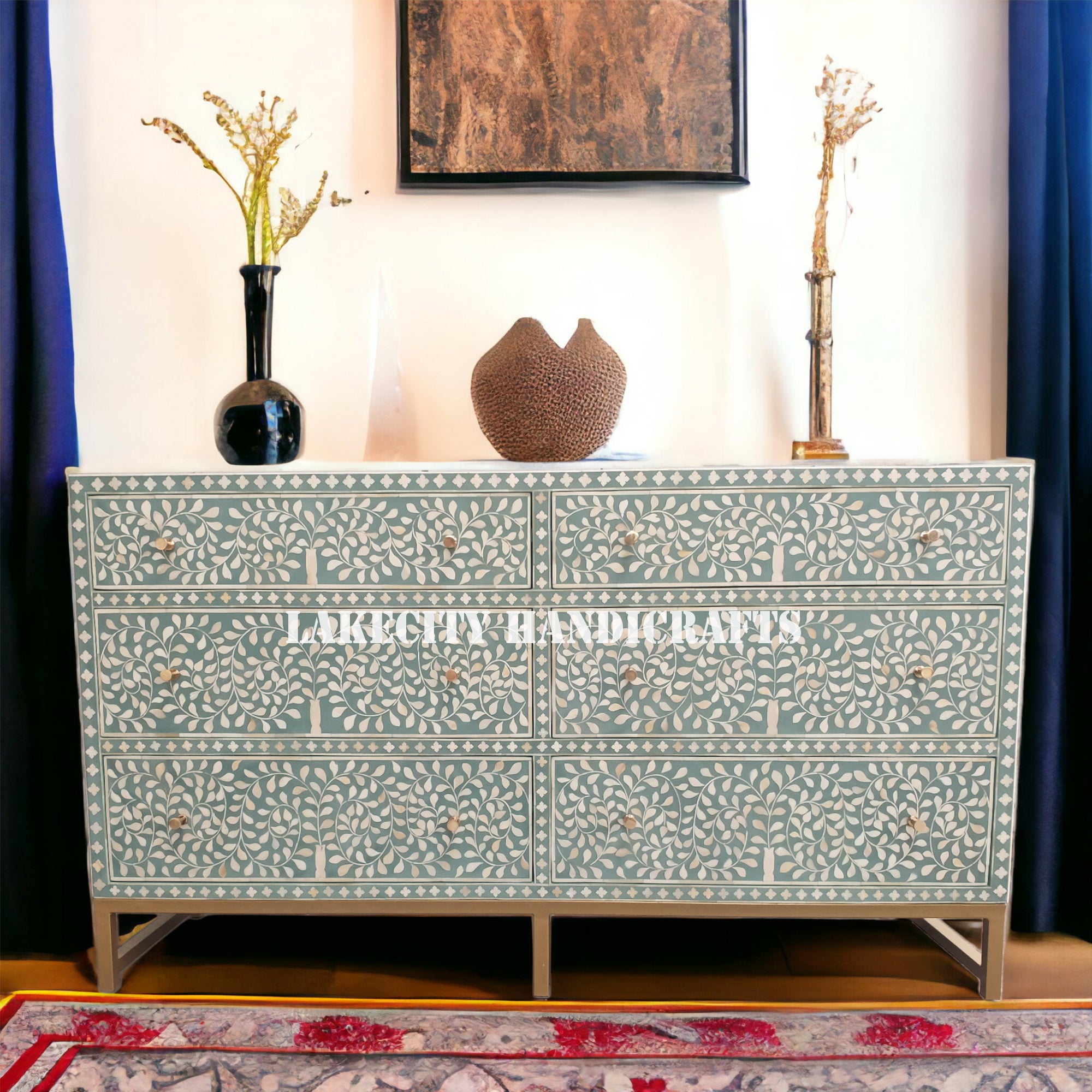 Bone Inlay Scroll-vine Design 6 Drawers Dresser Table | Bone Inlay Scroll-vine Design 6 Drawers Chest