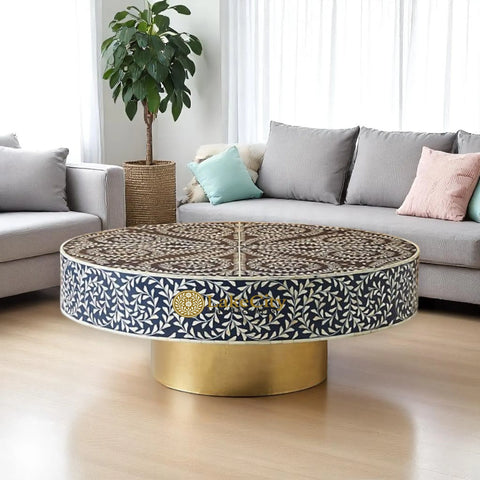 Bone Inlay Scroll-vine Design Round Coffee Table | Bone Inlay Scroll-vine Design Round Center Table