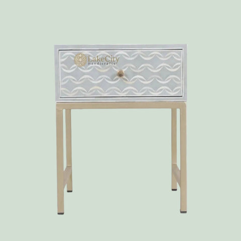 Bone Inlay Sea Wave Design Bedside Table Light Grey