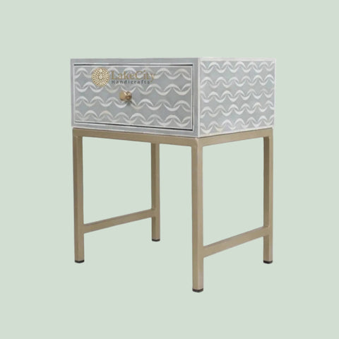 Bone Inlay Sea Wave Design Bedside Table Light Grey