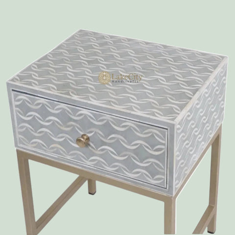Bone Inlay Sea Wave Design Bedside Table Light Grey