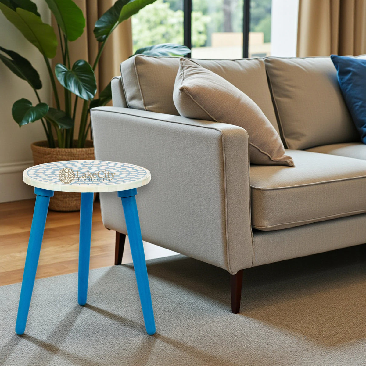 Bone Inlay Side Table Polka Dot Blue