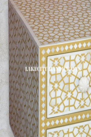 Bone Inlay Spider-web Design 2 Drawers Bedside Table Yellow | Bone Inlay Spider-web Design 2 Drawers Nightstand Table Yellow