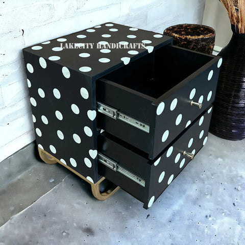 Polka Dot Bone Inlay Bedside Black | 2 Drawer Bedside Table | Bone Inlay Nightstand