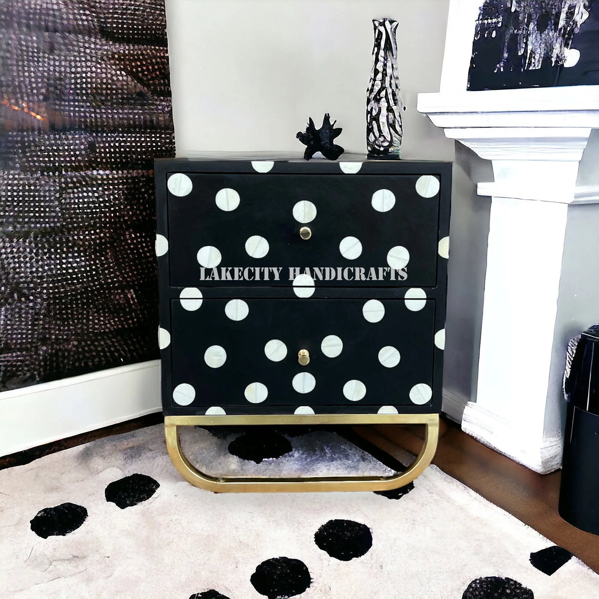 Polka Dot Bone Inlay Bedside Black | 2 Drawer Bedside Table | Bone Inlay Nightstand