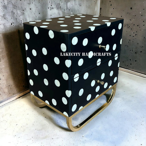 Polka Dot Bone Inlay Bedside Black | 2 Drawer Bedside Table | Bone Inlay Nightstand