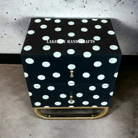 Polka Dot Bone Inlay Bedside Black | 2 Drawer Bedside Table | Bone Inlay Nightstand