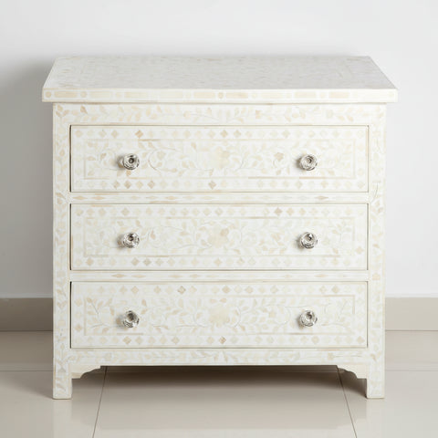 Bone Inlay Floral 3 Drawer Chest White