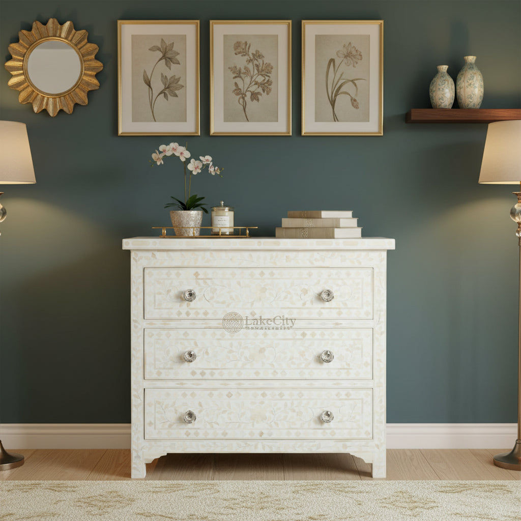 Bone Inlay Floral 3 Drawer Chest White