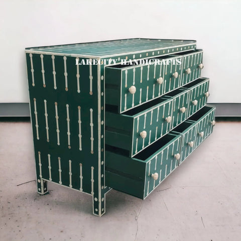 Bone Inlay Sprout Design 9 Drawers Chest Dark Green | Bone Inlay Sprout Design 9 Drawers Dresser Table Dark Green