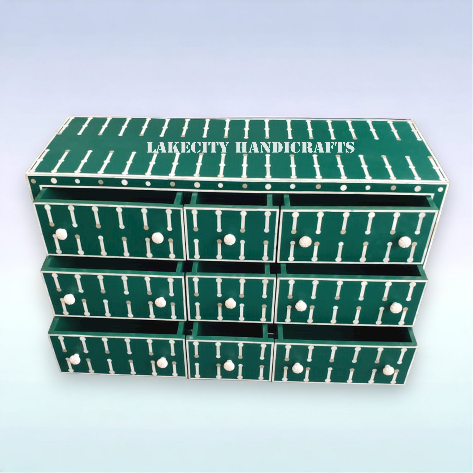 Bone Inlay Sprout Design 9 Drawers Chest Dark Green | Bone Inlay Sprout Design 9 Drawers Dresser Table Dark Green