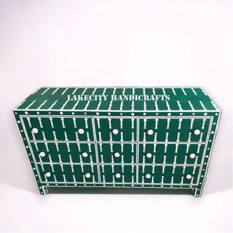 Bone Inlay Sprout Design 9 Drawers Chest Dark Green | Bone Inlay Sprout Design 9 Drawers Dresser Table Dark Green