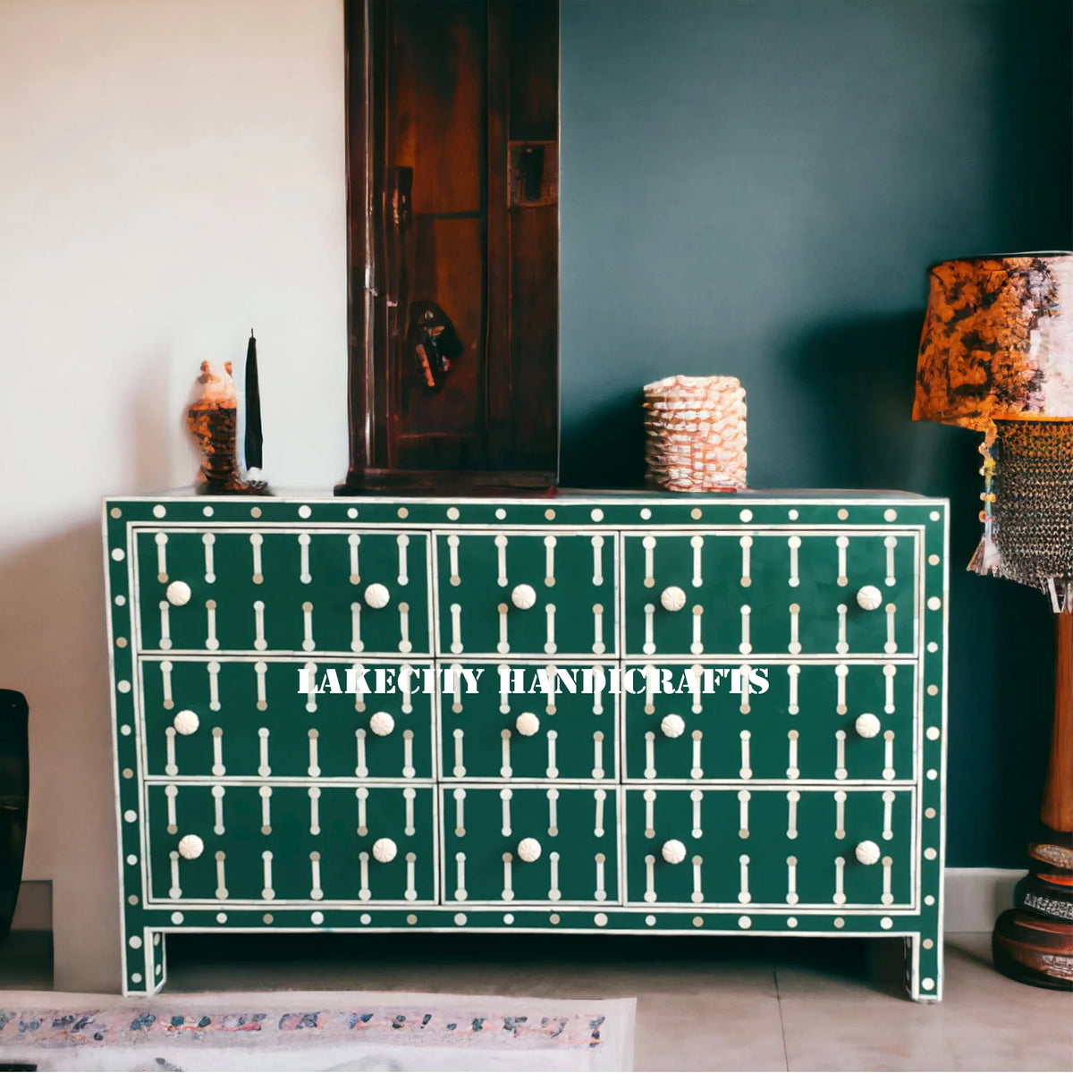Bone Inlay Sprout Design 9 Drawers Chest Dark Green | Bone Inlay Sprout Design 9 Drawers Dresser Table Dark Green
