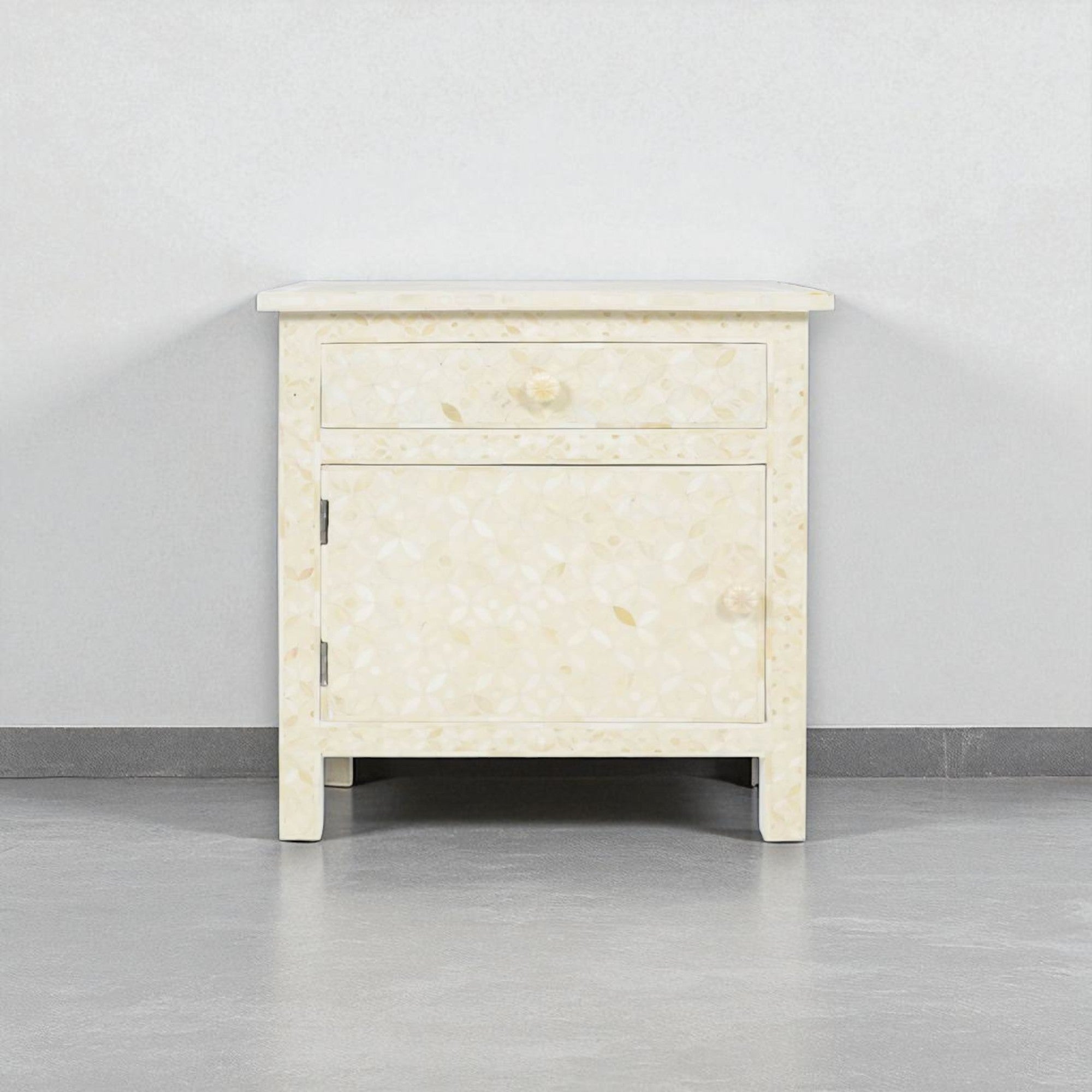 Bone Inlay Star Design 1 Drawer 1 Door Bedside Table Beige | Bone Inlay Star Design 1 Drawer 1 Door Nightstand Table Beige