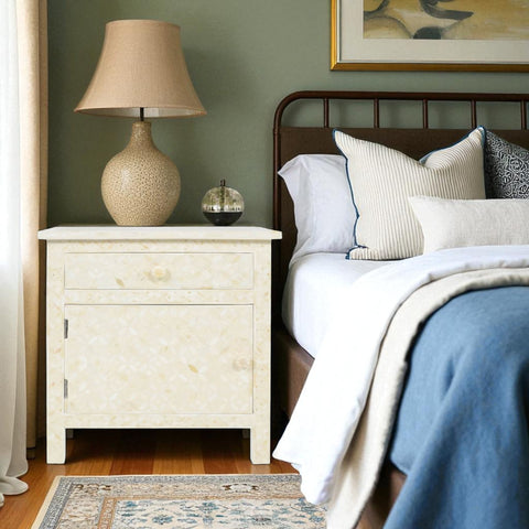 Bone Inlay Star Design 1 Drawer 1 Door Bedside Table Beige | Bone Inlay Star Design 1 Drawer 1 Door Nightstand Table Beige