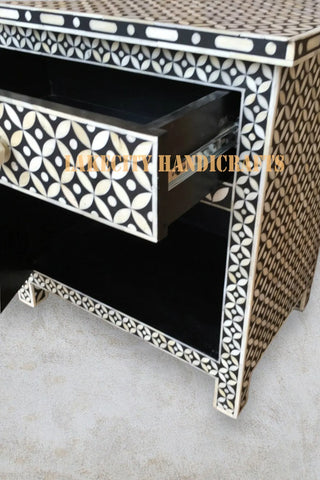 Bone Inlay Star Design 1 Drawer & 1 Door Bedside Table Black | Bone Inlay Star Design 1 Drawer & 1 Door Nightstand Table Black