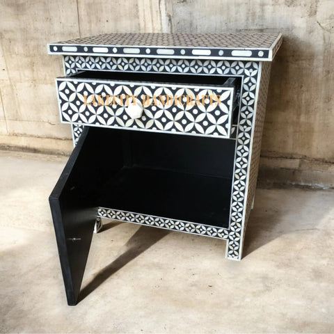 Bone Inlay Star Design 1 Drawer & 1 Door Bedside Table Black | Bone Inlay Star Design 1 Drawer & 1 Door Nightstand Table Black