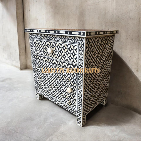 Bone Inlay Star Design 1 Drawer & 1 Door Bedside Table Black | Bone Inlay Star Design 1 Drawer & 1 Door Nightstand Table Black