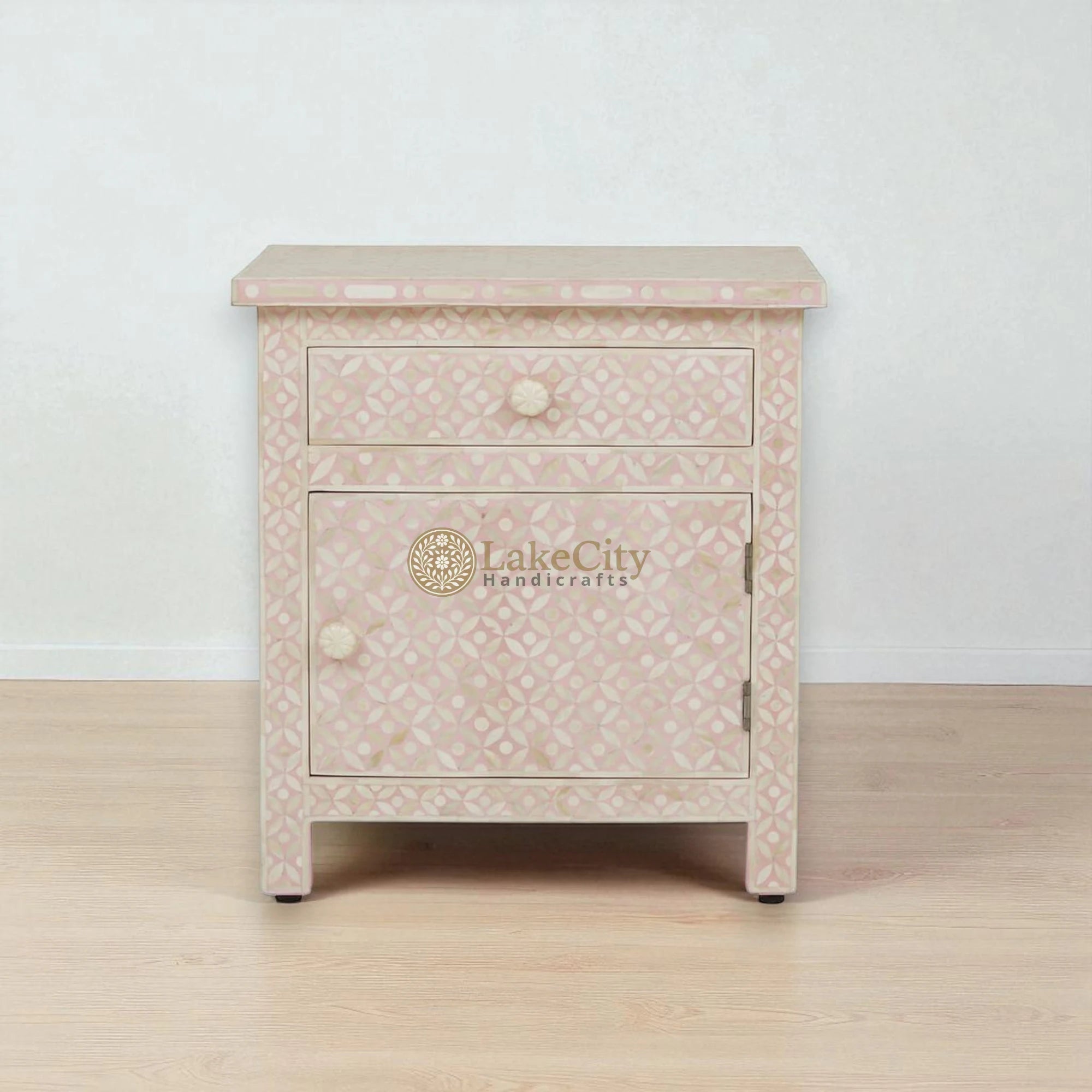 Bone Inlay Star Design 1 Drawer & 1 Door Bedside Table Blush Pink | Bone Inlay Star Design 1 Drawer & 1 Door Nightstand Table Blush Pink