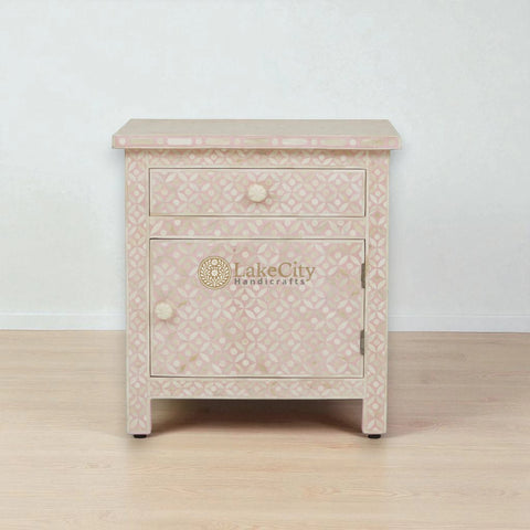 Bone Inlay Star Design 1 Drawer & 1 Door Bedside Table Blush Pink | Bone Inlay Star Design 1 Drawer & 1 Door Nightstand Table Blush Pink