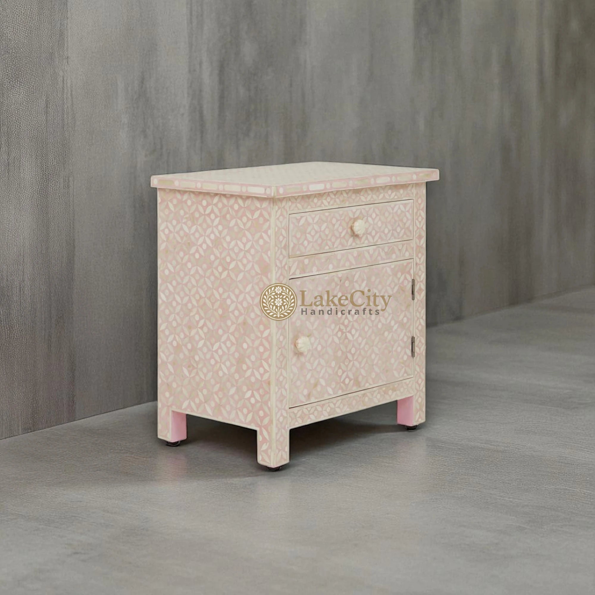 Bone Inlay Star Design 1 Drawer & 1 Door Bedside Table Blush Pink | Bone Inlay Star Design 1 Drawer & 1 Door Nightstand Table Blush Pink
