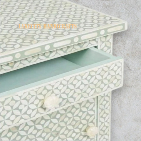 Bone Inlay Geometric Design 1 Drawer & 1 Door Bedside Table Sage Green | Bone Inlay Geometric Design 1 Drawer & 1 Door Nightstand Table Sage Green