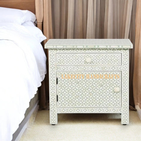 Bone Inlay Geometric Design 1 Drawer & 1 Door Bedside Table Sage Green | Bone Inlay Geometric Design 1 Drawer & 1 Door Nightstand Table Sage Green
