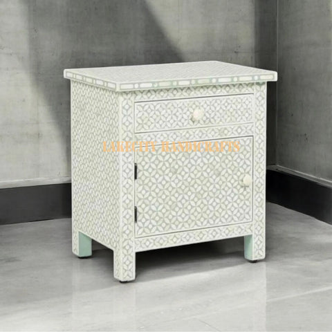 Bone Inlay Geometric Design 1 Drawer & 1 Door Bedside Table Sage Green | Bone Inlay Geometric Design 1 Drawer & 1 Door Nightstand Table Sage Green