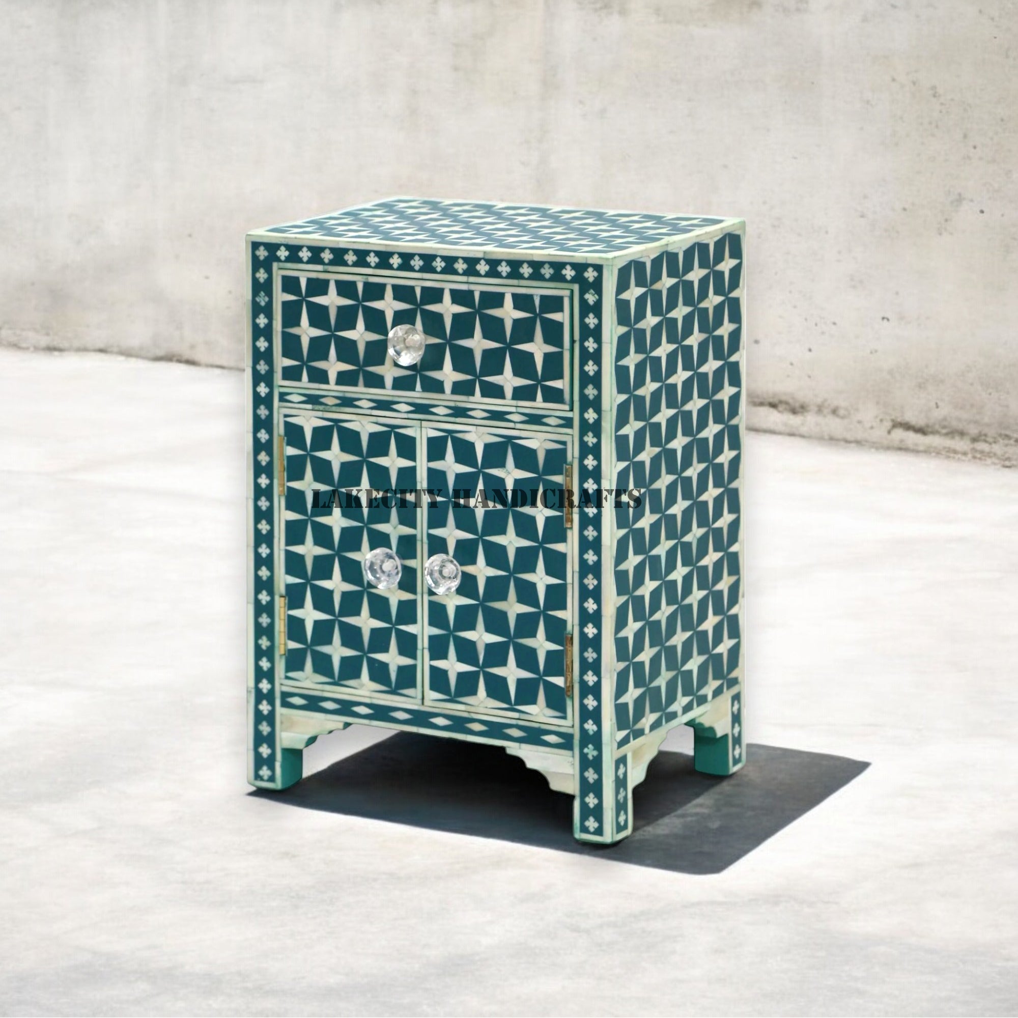 Bone Inlay Star Design 1 Drawer & 2 Doors Bedside Table Green | Bone Inlay Star Design 1 Drawer & 2 Doors Nightstand Table Green