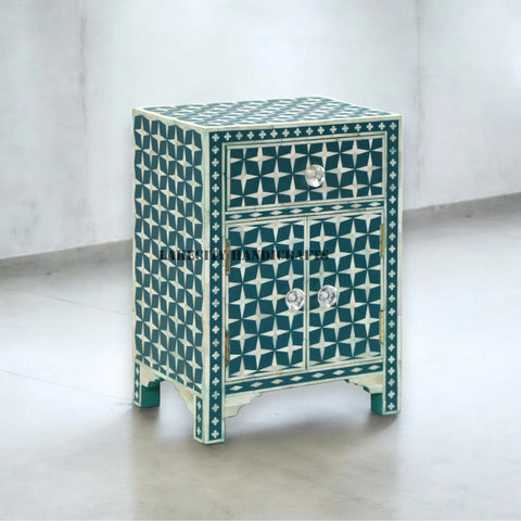 Bone Inlay Star Design 1 Drawer & 2 Doors Bedside Table Green | Bone Inlay Star Design 1 Drawer & 2 Doors Nightstand Table Green