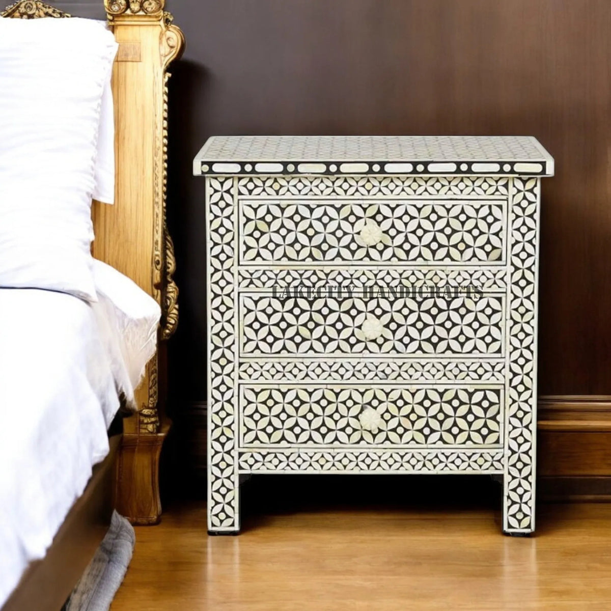 Bone Inlay Geometric Design 3 Drawers Large Bedside Table | Nightstand Table