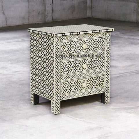 Bone Inlay Geometric Design 3 Drawers Large Bedside Table | Nightstand Table