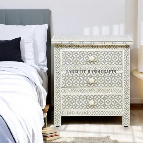 Bone Inlay Geometric Design 3 Drawers Large Bedside Table | Nightstand Table