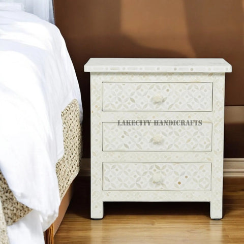 Bone Inlay Geometric Design 3 Drawers Bedside Table White | Bone Inlay Geometric Design 3 Drawers Nightstand Table White