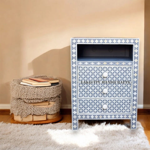 Bone Inlay Star Design 3 Drawers Bedside Table Grey | Bone Inlay Star Design 3 Drawers Nightstand Table Grey