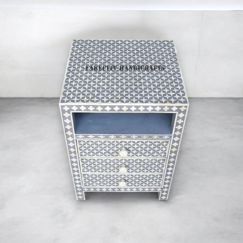 Bone Inlay Star Design 3 Drawers Bedside Table Grey | Bone Inlay Star Design 3 Drawers Nightstand Table Grey